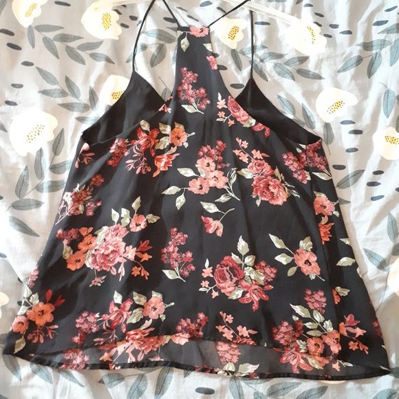 Streetwear Society Spaghetti Racerback V-Neck Floral Blouse - Medium - Black - Picture 2 of 6